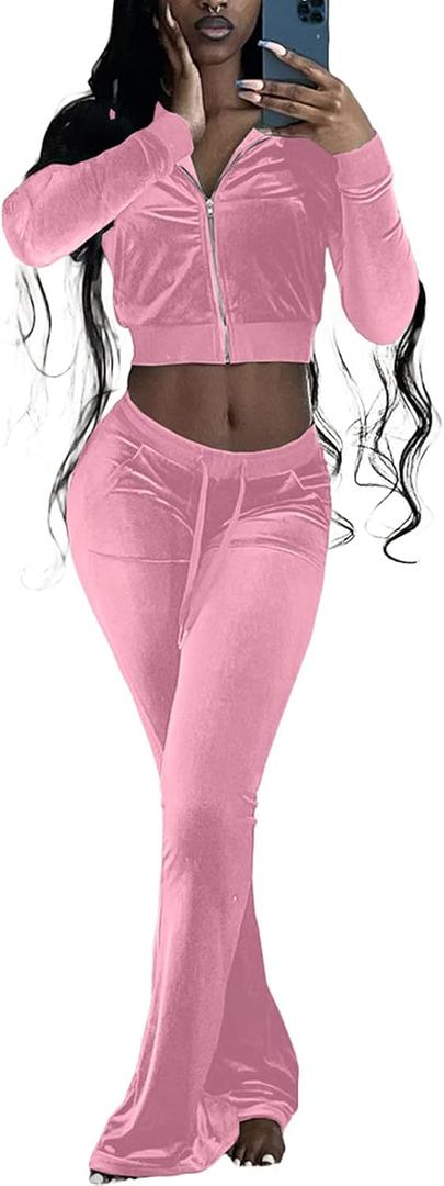 qfmqkpi Two Piece Outfits for Women Crop Top Zip Jacket and Flare Pants Set Velour Tracksuit (Small)