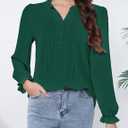 Womens Puff Long Sleeve Tops Henley V Neck Pleated Button Down Shirts Tunic Dress Blouses Business Casual Outfits (Green, S)