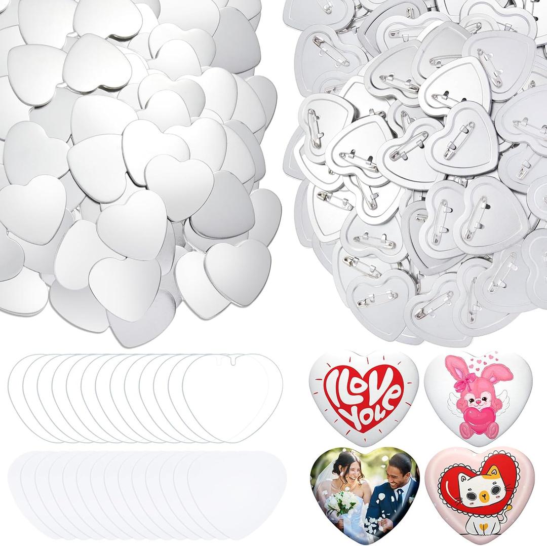 Landical 200 Sets Blank Heart Button Pin Parts 2.24 Inch Heart Shaped Maker Supplies for Button Maker Machine, DIY Badge Includes Metal Top Cover and Bottom Cover with Pin, Clear Film
