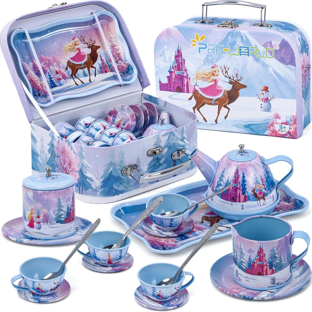 Tea Party Sets for Toddlers 3-5,PRE-WORLD Princess Tea Time Toy with Tray, Teapot, Tea Cups, Cream Pitcher, Sugar Bowl, Coasters, PlatesKids Kitchen Pretend Play for Girls Boys Age 3 4 5 6
