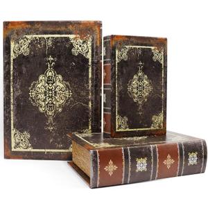 Jolitac Wooden Decorative Book Boxes 3-Pack - Vintage Style Secret Storage Boxes Handcrafted Wooden Storage Containers with Rustic Magnetic Closure for Jewelry & Keepsakes (Dark Vintage)
