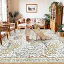 10x10 Square Area Rug Living Room: Boho Floral Washable Mat for Dining Room Bedroom Office High Traffic Area Soft Non Slip Low Pile Indoor Carpet for Vintage Farmhouse Home Decor (10ft Square, Beige)