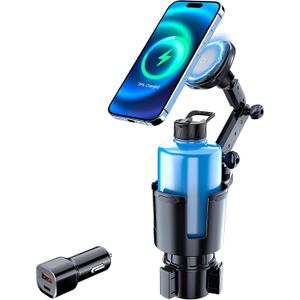 This Hill for Magnetic Cup Holder Charger, 360 Rotating Wireless Magnetic Car Charger, Fast Charging Phone Holder for iPhone 17 16 15 14 13 12 and Samsung Galaxy S20 Above Series [With QC 3.0 Adapter