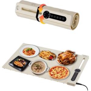 KokoSelene Food Warming Mat, Dual-Zone Heating Mat for Food with 7 Temp & Timer, 10s Fast Heat Flexible Silicone Warmer for Home, Parties, Buffet Serving (Cream-1 PCS)
