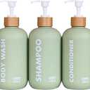 OLLIES Shampoo and Conditioner Dispenser, Shower Soap Dispenser for Bathroom-Set of 3 with Permanent Stylish Label-17oz, 500ml Refillable Shampoo and Conditioner Bottles Green