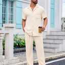 Mens Two Piece Summer Outfit Short Sleeve Ribbed Shirt and Pants with Pockets Loungewear Beachwear Sleepwear
