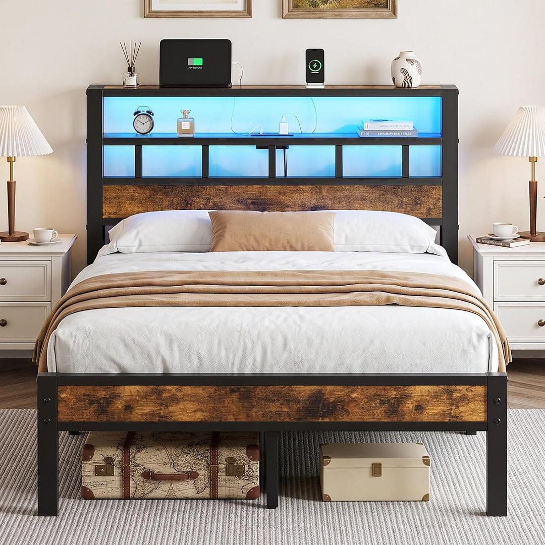 Full Bed Frame with Charging Station and LED, Metal Platform Bed