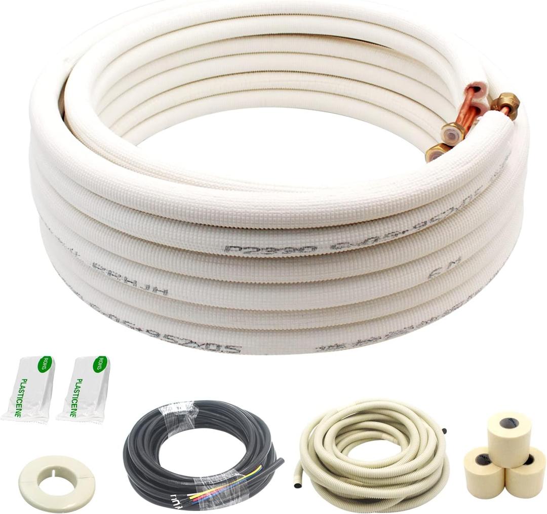 25 Ft Mini Split Line Set.Air Conditioner Copper Tubing Pipes Extension Set, 3/8" & 5/8" 3/8" PE Thickened for AC and Heating Equipment Insulated Coil Line Set HVAC Refrigerant with Nuts. (3/8+5/8)