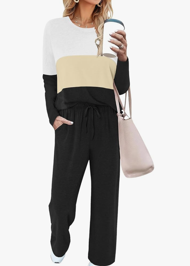 Magritta Lounge Sets for Womens 2 Piece Outfits Crewneck Long Sleeve Tops Wide Leg Pants Casual Travel Sweatsuit M, Color Block