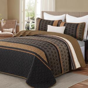 Boho Queen Quilt Set, Striped Fall Soft Bedspreads, Brown