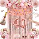 40th Birthday Decorations for Women, Rose Gold 40th Birthday Decorations Women, 40 Sash and Crown, Banner, Fringe Curtains, Hanging Paper Fans, 40 Year Old Party Supplies Set