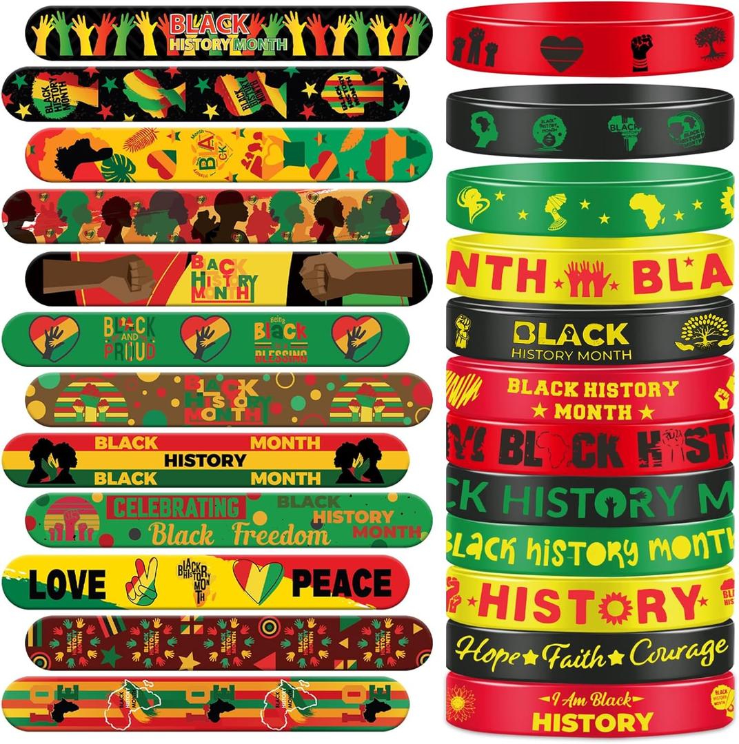 48 PCS Happy Black History Month Party Favors Slap Bracelets for Silicone Wristbands for Birthday Party Supplies Classroom Prizes American Freedom Day Patriotic Party Decorations Gift Bag Fillers