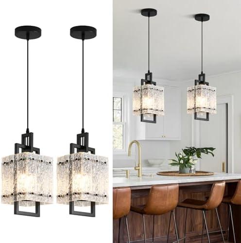 Modern Pendant Lights Kitchen Island 2 Pack Matte Black Pendant Lights Water Ripple Glass Square Pendant Lighting Over Island Hanging Pendant Light Fixtures for Kitchen Dining Room Hallway Foyer