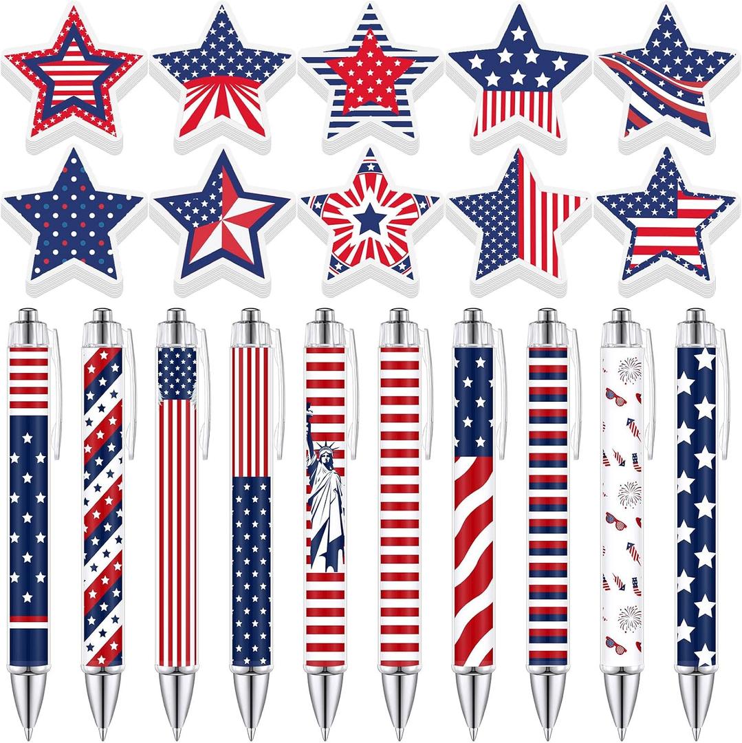 Fullhawl 40 Pcs Patriotic Sticky Notes and Pens Bulk, 20 Star Shape Note Pads to Do List, 20 American Flag Ballpoint Pen 1.0 mm Black Ink Pens Stationery for Home Office Supplies, 3.15 x 3.15 inches