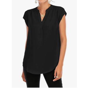 AIMCOO Women's Split V Neck Cap Sleeve Tops Frill Trim Elegant Work Office Blouse Shirts Size M