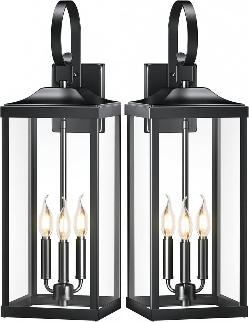 2 Packs 24" Extra Large Outside Wall Light Fixture 3-Light, Black Outdoor Porch Lantern Wall Mounted, Waterproof Modern Outside Wall Sconce Coach Lamp for House, E12 (Black (No sensor)