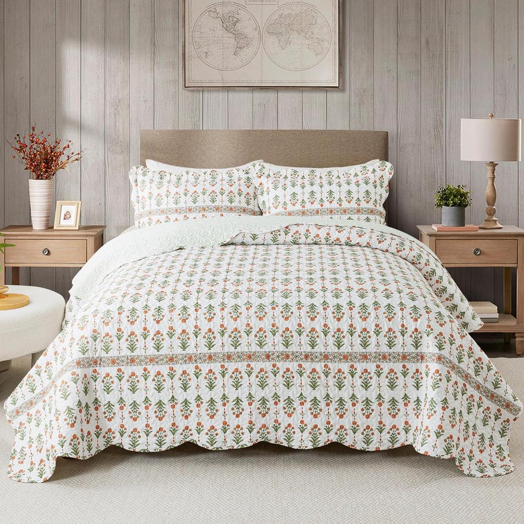 HoneiLife Quilt Sets King Size - Floral Bedspreads for King Bed, 3-Piece Wildflower Coverlets, Botanical Bed Cover King Quilt Bedding Set All Season Quilts-Sweet Grass (King-106"x 96")