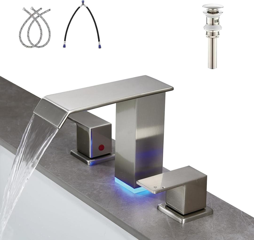 LED Light Bathroom Sink Faucet Widespread- Waterfall Bathroom Faucets for Sink 3 Hole, Bathroom Sink Faucet 8 Inch 2 Handles, Modern Bathroom Faucets with Pop-up Drain (Brushed Nickel)