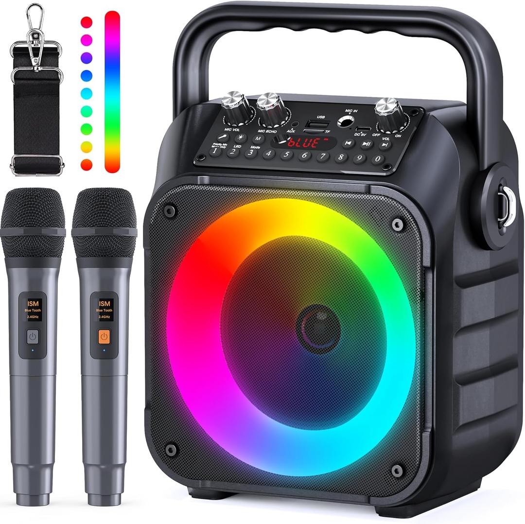 Karaoke Machine, Portable Bluetooth Speaker with 2 Wireless Microphones for Adults & Kids with Lights, Karaoke Microphone with PA System Supports USB/TF/REC/FM/AUX for Home Party