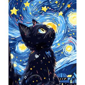 Yunnuo Paint by Numbers for Adults Black Cat, Paint by Numbers Kit on Canvas for Beginners, Starry Night Number Painting Set Craft Supplies, 3 Paintbrushes and Acrylic Paint 16x20 Inch