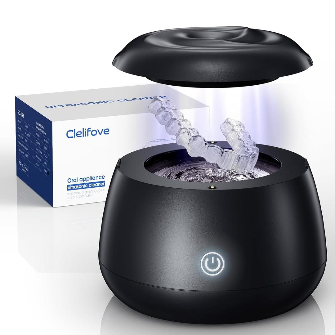 Ultrasonic Retainer Cleaner Machine 48kHz Denture and Aligner Cleaning Pod for Mouth Guards Night Guards Dental Trays Braces Toothbrushes Jewelry with 200ML Capacity (Black)