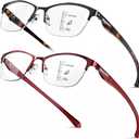 SKYOAK 2 Pack Stylish Progressive Reading Glasses for Women, Metal Half Frame Fashion Anti UV400/Eye Strain Computer Readers, Cat Eye Modern Design Ladies No-Line Multifocal Eyeglasses, +2.0