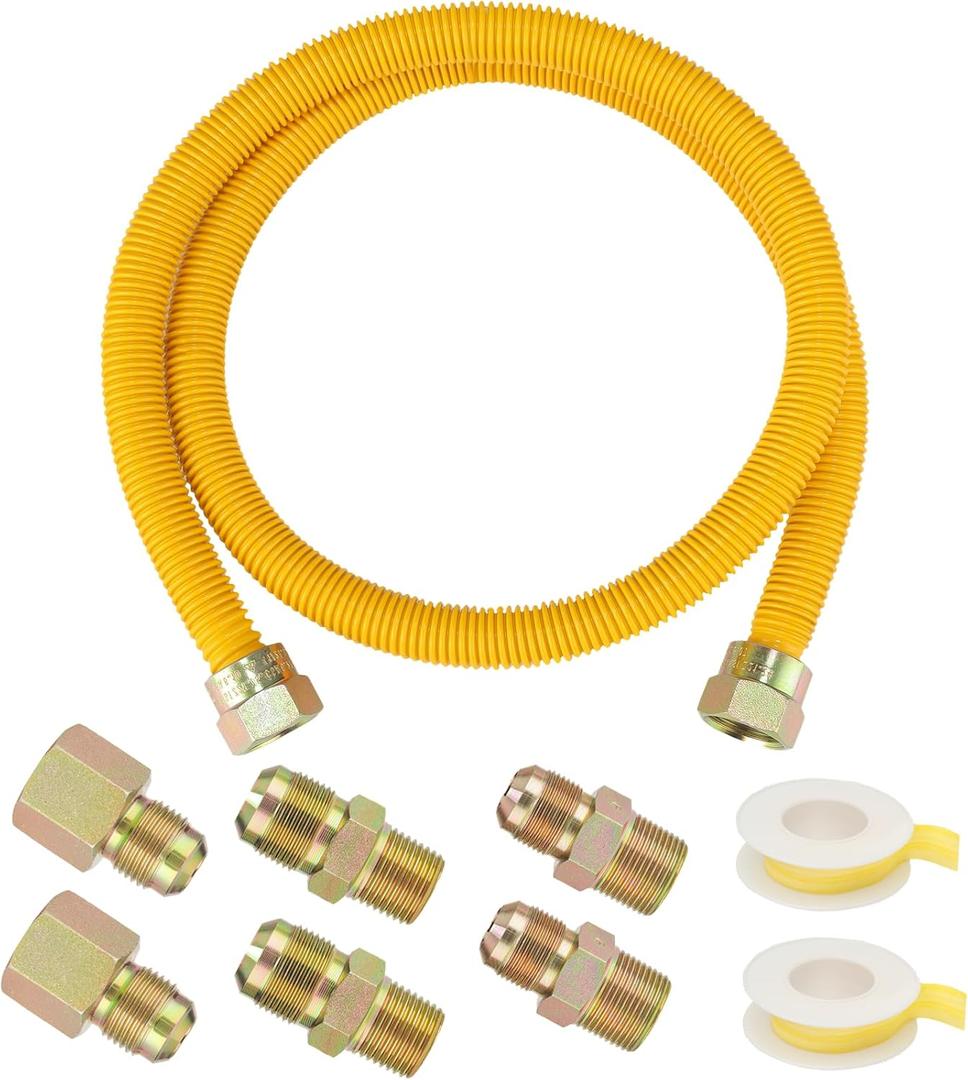 PLUMBINGMASTER 48" Flexible yellow Coated Corrugated line kit for Dryer Stove Range, Flexible Stainless Steel Gas Dryer Kit - 5/ 8" OD(1/ 2" ID) Dryer Gas Line with total 6 Connectors—— 3/ 4" MIP & 1/ 2"