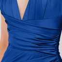 LAGSHIAN Women's Elegant V Neck Halter Backless Bodycon High Split Ruched Long Formal Evening Dress (Blue, XL)