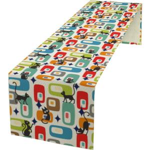 Mid Century Modern Table Runners Cute Black Cat Abstract Geometric for Dining Room Dinner Runner Kitchen Indoor Outdoor Patio Party Decor Fabric 1 Panel W13xL70in