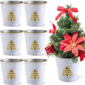 Zhehao 6 Pcs Christmas Galvanized Bucket 5.9'' Metal Basket Bucket Planters Pot Decorative Tin Farmhouse Vintage Flower Holder Decor for Xmas Home Outdoor Indoor(Tree Style)