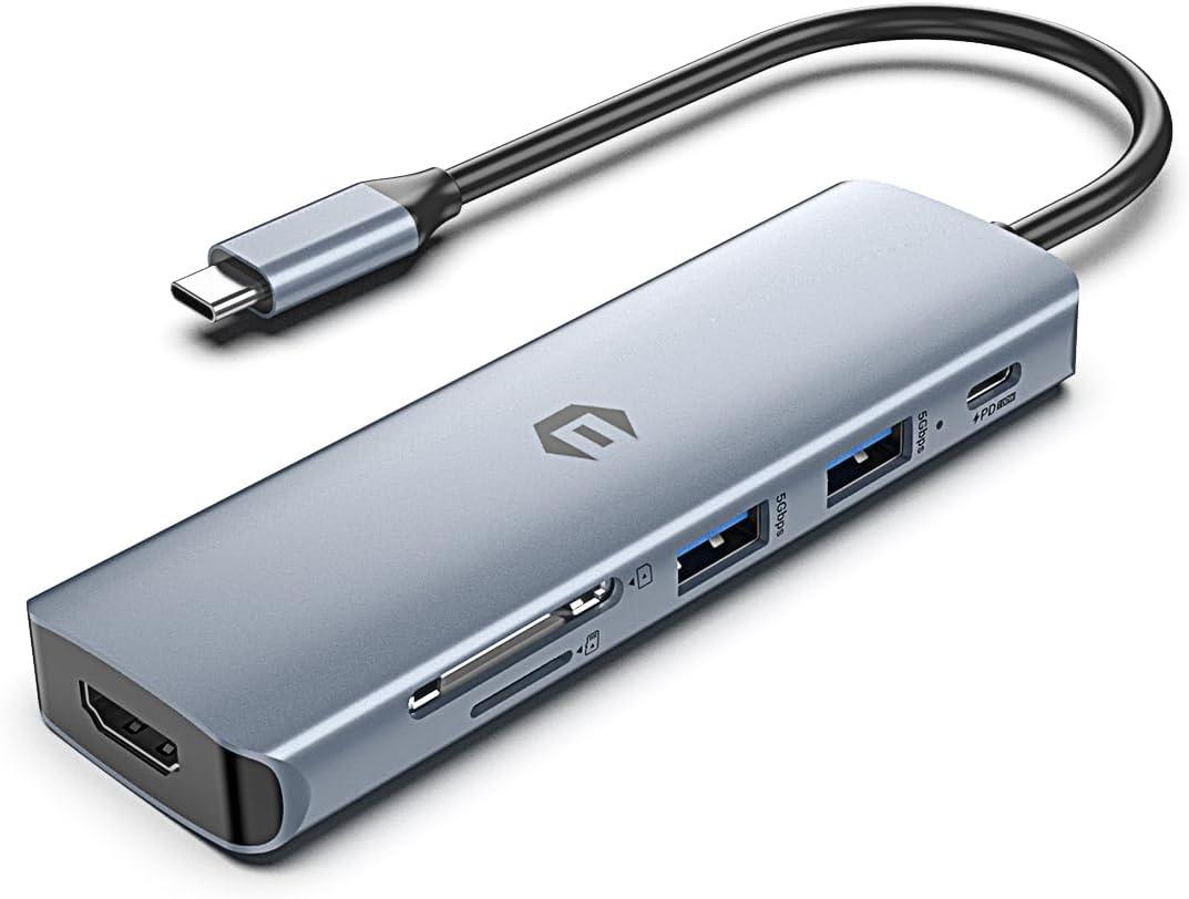 6 in 1 USB C Hub, USB C Hub with 4K HDMI, 100W PD Charger, 3 x USB 3.0, SD and Micro SD Card Reader, Compatible for USB C Laptops Dell XPS/HP/Surface and Other Type C Devices
