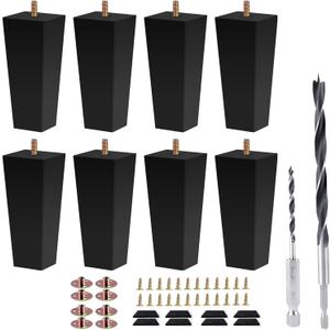 Sofa Legs Square Bed Feet 5 inch Wood Replacement Leg for Furniture Set of 8,Black (5", 8set)