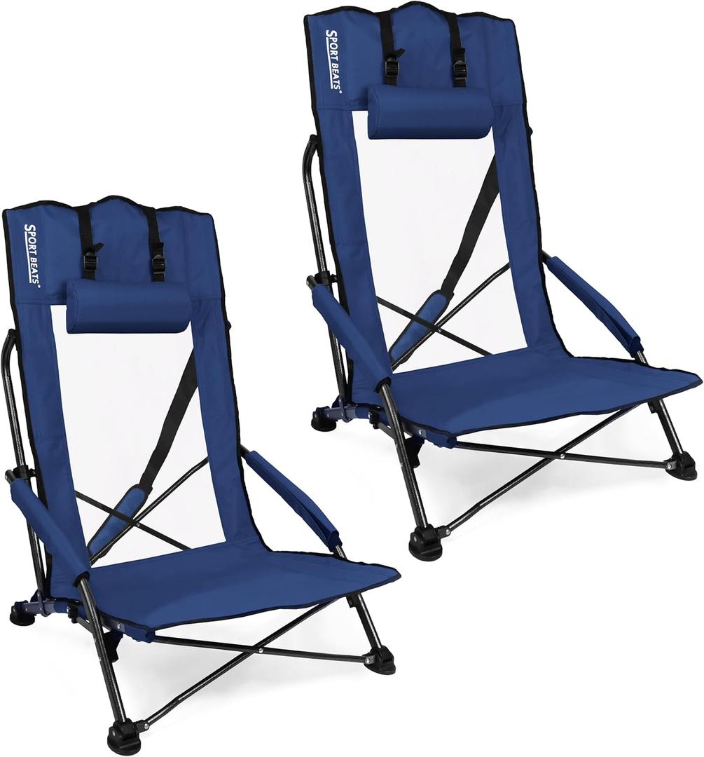 SPORT BEATS Low Beach Chairs Set of 2 Folding Beach Chairs High Back Support with Head Pillows Shoulder Straps (Navy)