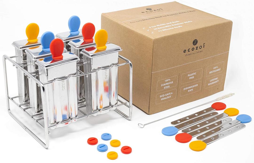 Stainless Steel Popsicle Molds, 6 Ice Popsicle Makers, 6 Stainless Steel Sticks, 12 Silicone Seals and 1 Coconut Cleaning Brush, Eco Popsicle Molds for Kids and Adults, 3 oz Per Mold (Square)