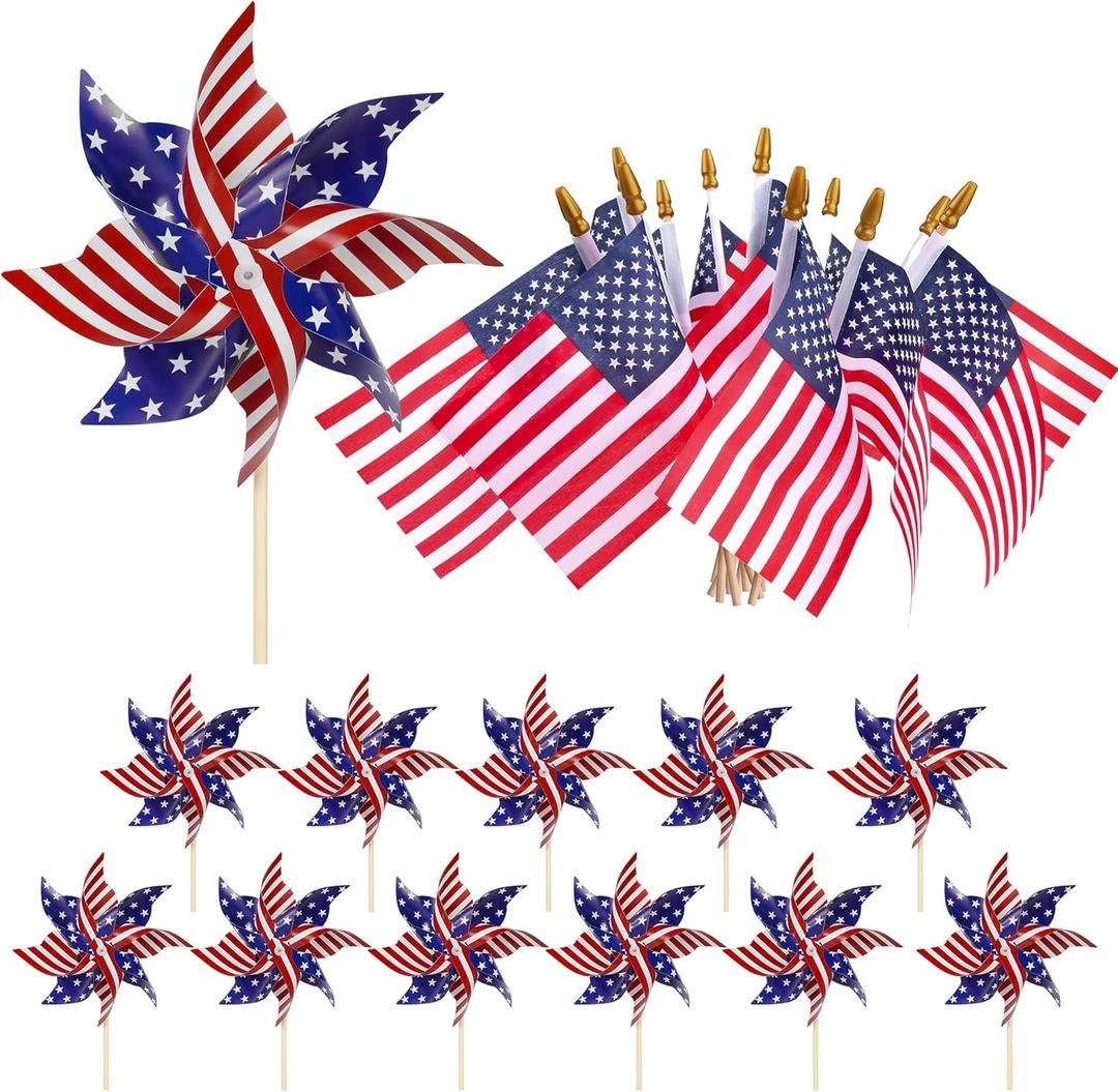 HOOSUN American Flags Patriotic Pinwheels,24 Pack Classroom American Flags Decorations Small USA Flags On Stick With Yard USA Pinwheels,Red White And Blue Decorations For Patriotic Party Supplies