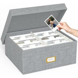 Decorative Photo Storage Box - Linen Photo Box Organizer with Dividers, Fits Holds Up to 1700 Pictures and 4x6 Photos, Memory Keepsake Organizer for Photos, Scrapbook Supplies, Cards, Stamps (Grey)