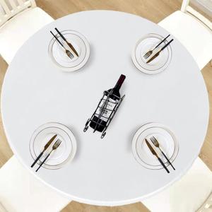 LUSHVIDA Round Waterproof Table Cover Elastic Vinyl Fitted Tablecloth Elastic Edged Plastic Table Cloth (White, Best for Up to 57"-68" Round)