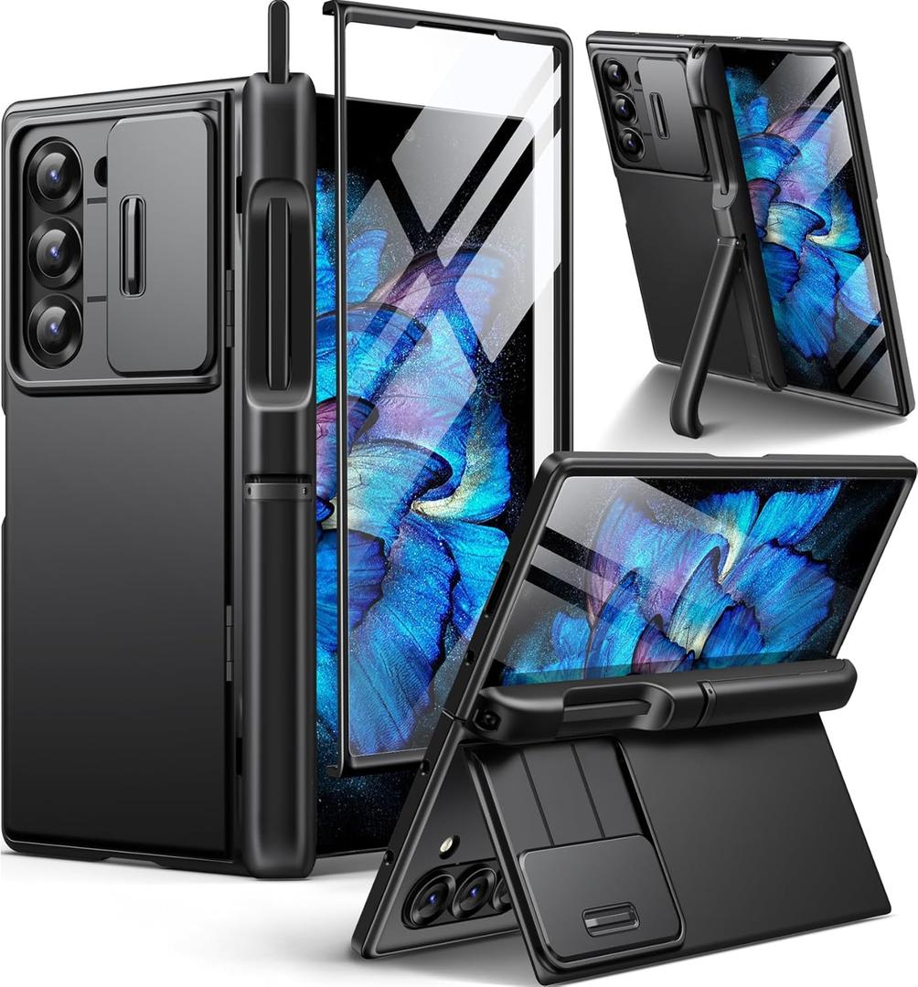 BERFY for Z Fold 6 Case with 9H Tempered Screen Protector, Built-in S Pen Holder, Slide Camera Cover, 2 Hidden Kickstand, Full Body Shockproof Slim Phone Case for Samsung Galaxy Z Fold 6, Black