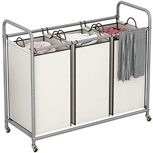 LINZINAR 3-Bag Laundry Sorter,Laundry Hamper Cart with Heavy Duty Rolling Lockable Wheels and Removable Bags (Beige)