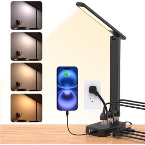 One Beat Desk Lamp with 6 Outlets 4 USB Ports(2USB-C),Eye Protection Table Lamp Power Strip with 4 Color Modes 5 Brightness Touch LED Desk Lamps for Home Office College Dorm Room Essentials(Black)