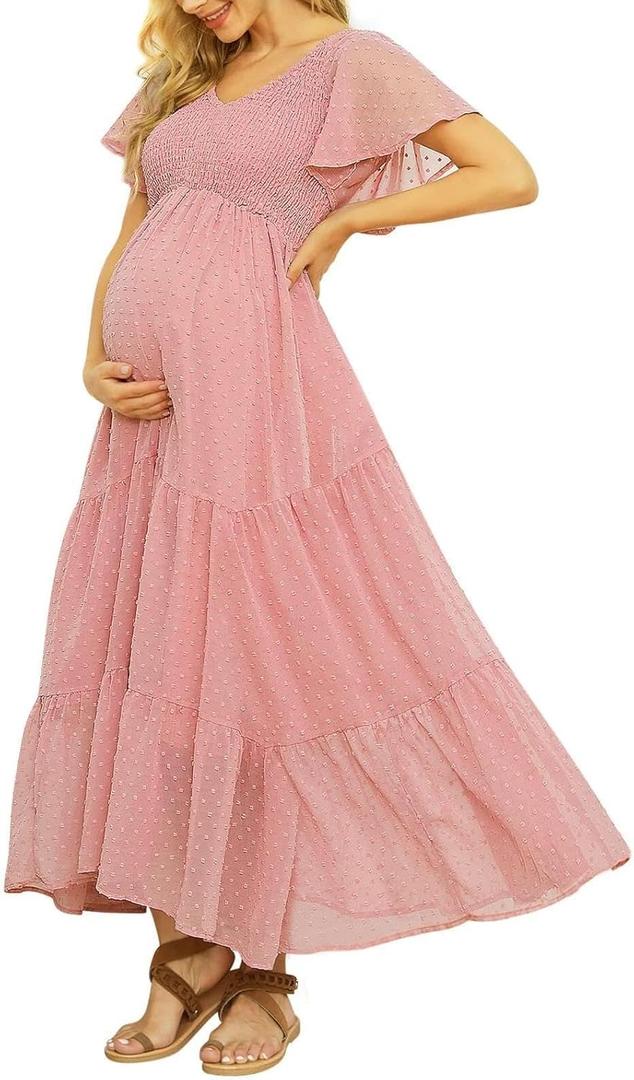 Swiss Dot Smocked Maternity Dress for Photoshoot Baby Shower, Flowy V Neck Ruffle Sleeve Empire Waist Tiered Dress (Large)