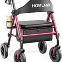 HOMLAND Walkers for Seniors with Seat, Foldable Rollator Walker, Reinforced Aluminum Frame, 8" Big Rubber Wheels for All Terrain, Height Adjustable Lightweight Rolling Walker
