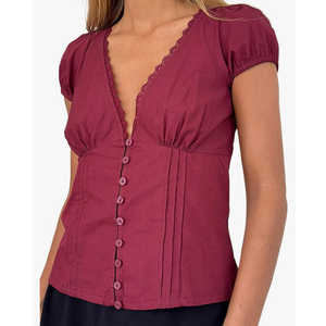 Women Button Down Shirt Coquette Short Sleeve V Neck Blouses Top Vintage Preppy Crop Shirt Tops Size L