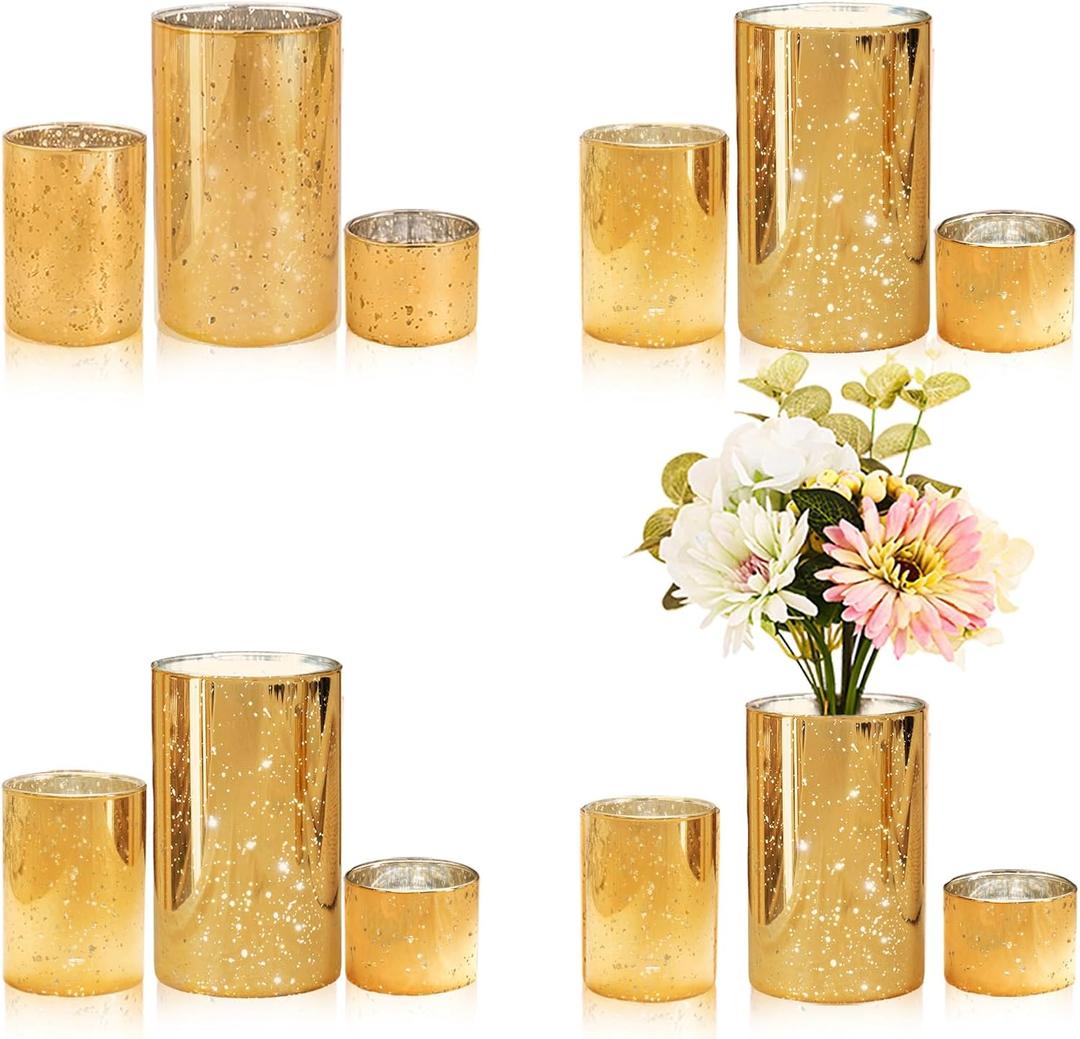 Gold Vases Glass Candle Holders Bulk, Mercury Hurricane Candle Holder for Tea Light Pillar Votive Candles Wedding Decor Party Centerpieces (4 Set 12Pcs)