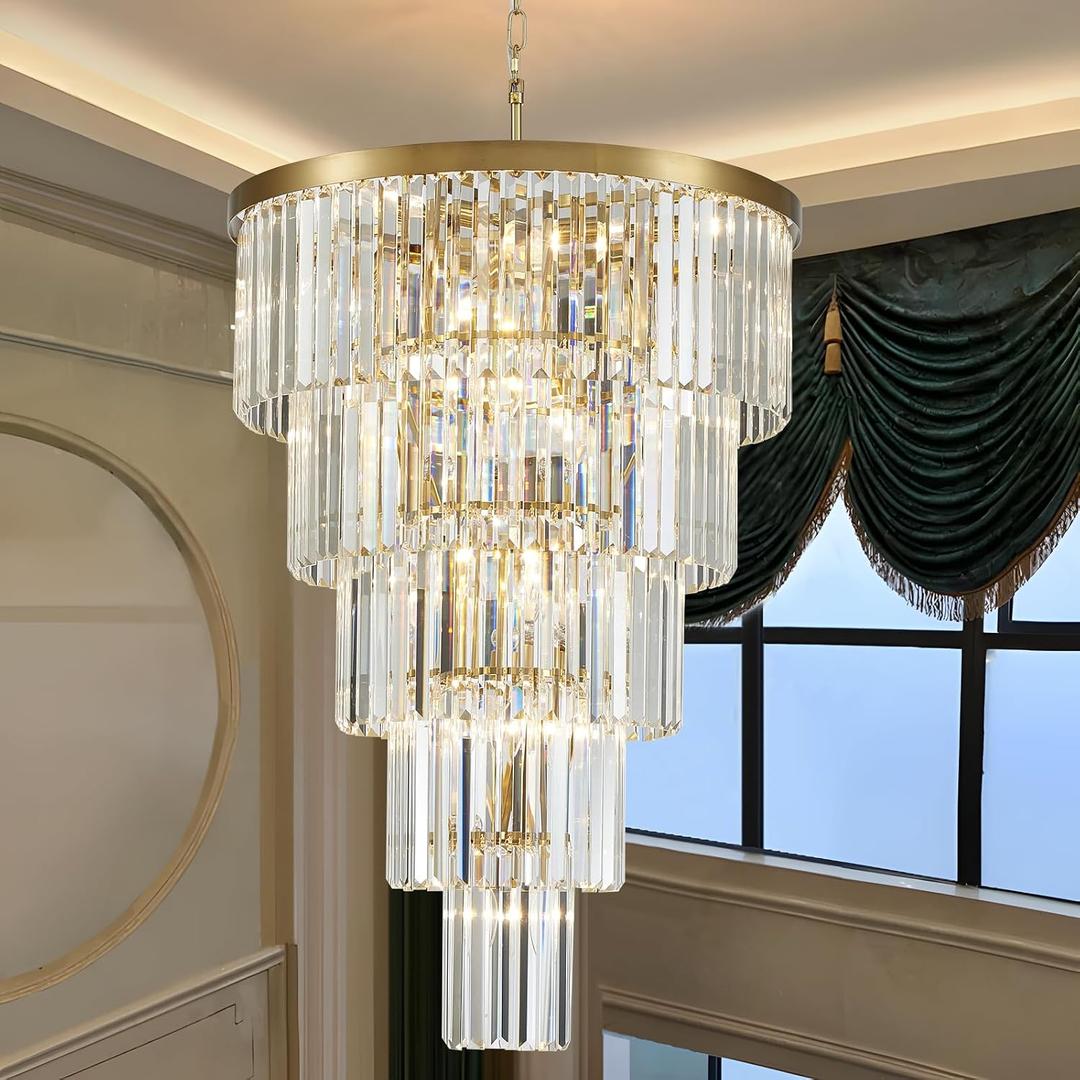 Gold Long Crystal Chandelier for High Ceiling, Height 35.5 inch 5-Tier Modern Chandeliers Lighting Fixture, Round Light for Entryway Staircase Foyer, H35.5", D23.6"
