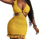 Women's Cut Out Tassel Trim Bodycon Dress Halter Tie Backless Mini Dresses, Size: Medium
