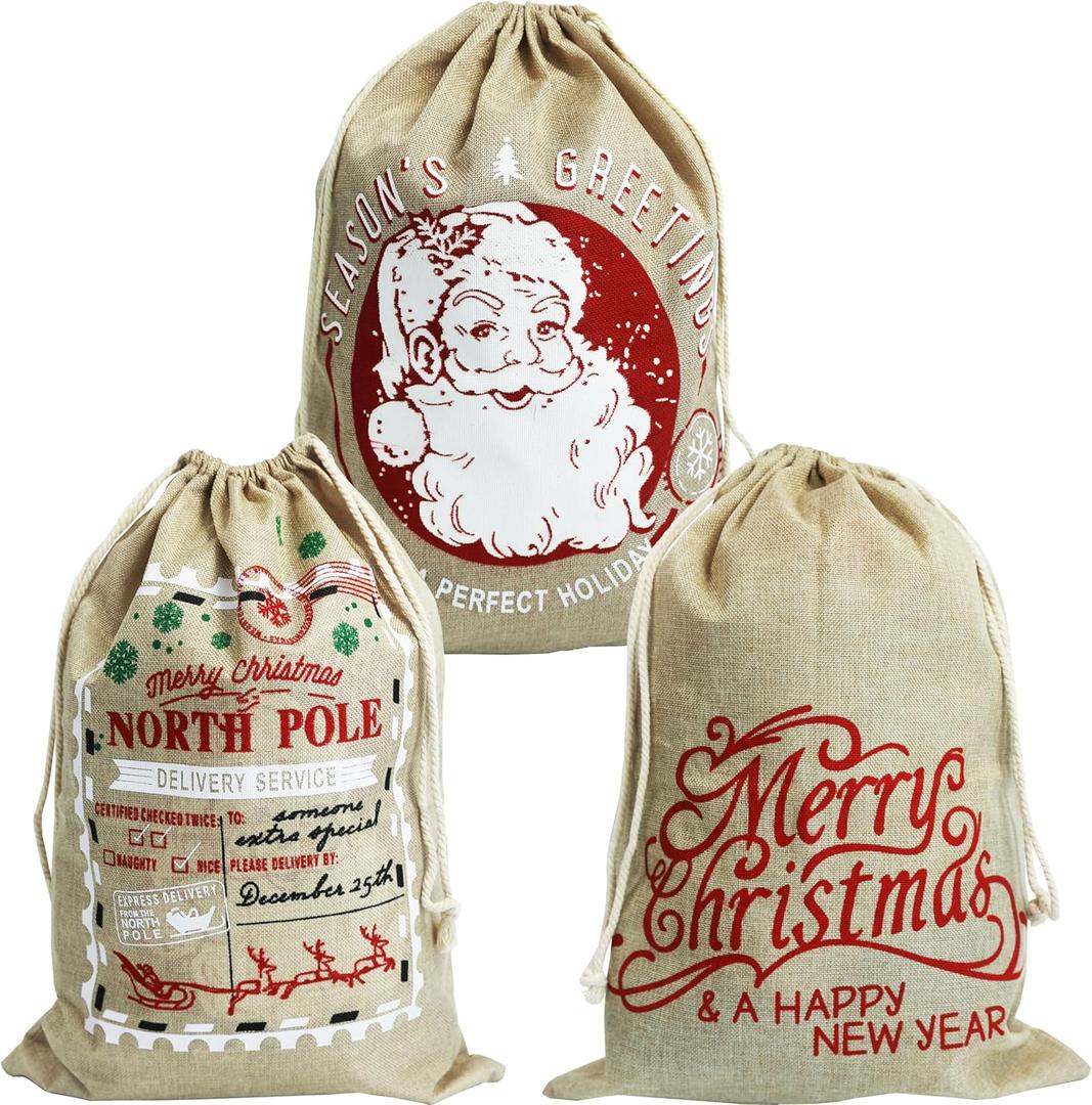 Hooin Christmas Sacks. 15.7''x22'' Large Christmas Burlap Sacks. Xmas Hessian Linen Drawstring Goody Gift Bags. Pack of 3.