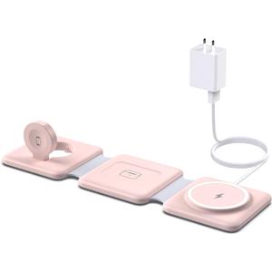 Charging Station for Apple Multiple Devices: 3 in 1 Foldable Magnetic Wireless Charger Stand - Travel Charging Dock Compatible with iPhone 16 15 14 13 12 Pro Max Plus Apple Watch AirPods (Pale-pink)