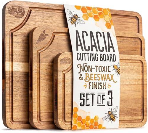 EDELHAUS Cutting Boards for Kitchen (Set of 3) Beeswax Finished Acacia Wood Cutting Board, Mineral Oil Free Wooden Cutting Boards non Toxic with Juice Groove, Non-Slip Feet, Charcuterie Boards