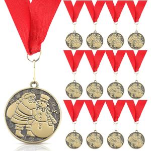 12 Pcs/24 Pcs Christmas Santa Medals 2 Inch Gold Christmas Snowman Trophy Awards with Red Neck Ribbons for Xmas Trophy Gift Holiday Party Ornaments Decor Prizes
